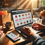 A person shopping online on a laptop, surrounded by shopping bags, a coffee cup, and a smartphone. The screen shows various product categories, discount banners, and a secure payment symbol, reflecting a safe and productive online shopping experience.