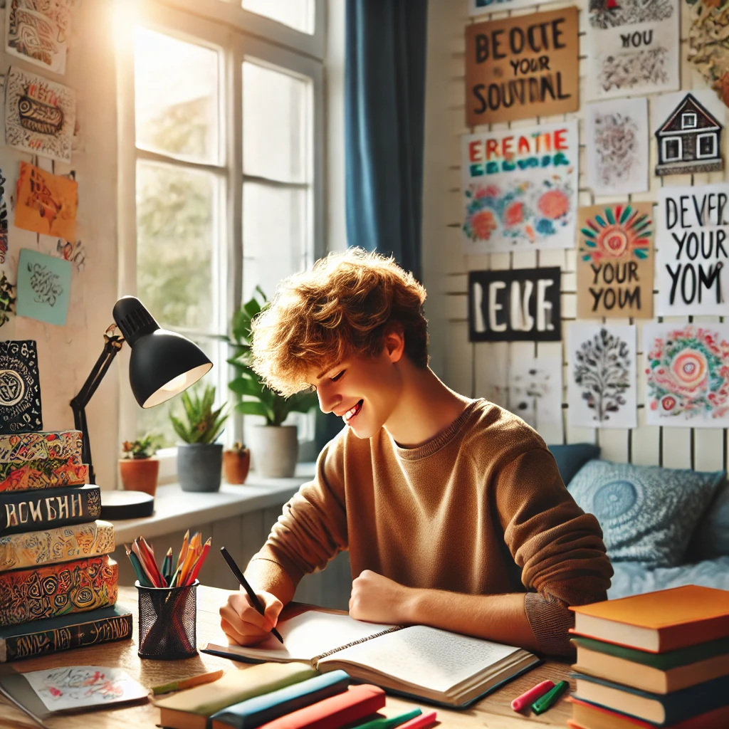 A young writer sitting at a desk, surrounded by colorful books, writing in a notebook with imagination-filled doodles and ideas on paper, showcasing creativity and the joy of storytelling.