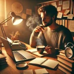 A beginner writer sitting at a desk with an open notebook, a laptop, and a steaming cup of coffee. The surrounding space is filled with inspiration: books, notes pinned to the wall, and soft lighting that creates a cozy and creative atmosphere.