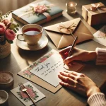 A person writing a handwritten thank you note at a clean, cozy desk with elegant stationery, a cup of tea, and a small gift box nearby creating an atmosphere of warmth and sincerity.