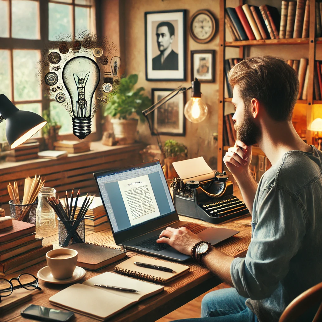 A writer at a cozy desk, brainstorming ideas and drafting a novel on a laptop, surrounded by books and notes.